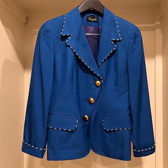 1980s Vintage Royal Blue Silk suit with padded shoulders - Picture 2 of 8